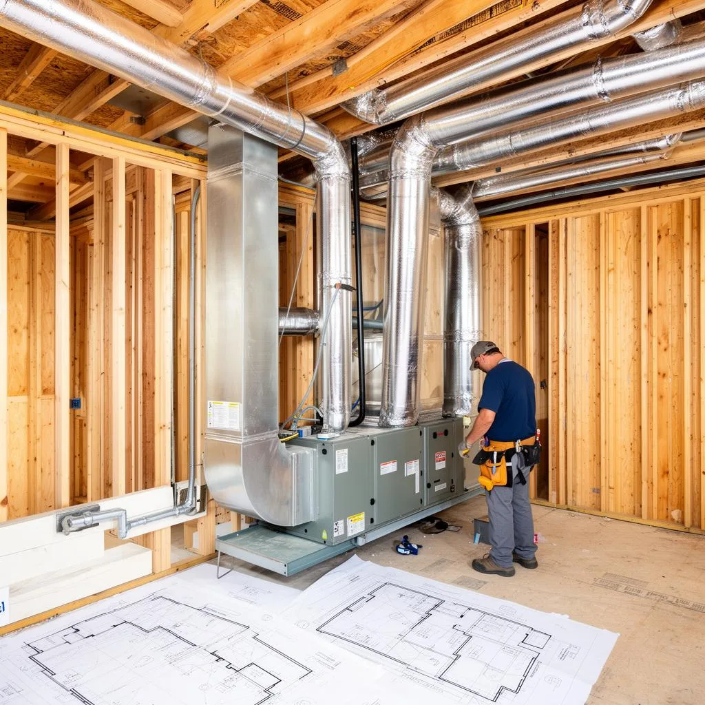 NEAir HVAC installing ductwork during new home construction